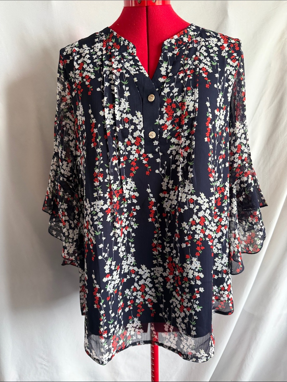 Navy Floral V-Neck Flutter Sleeve Blouse